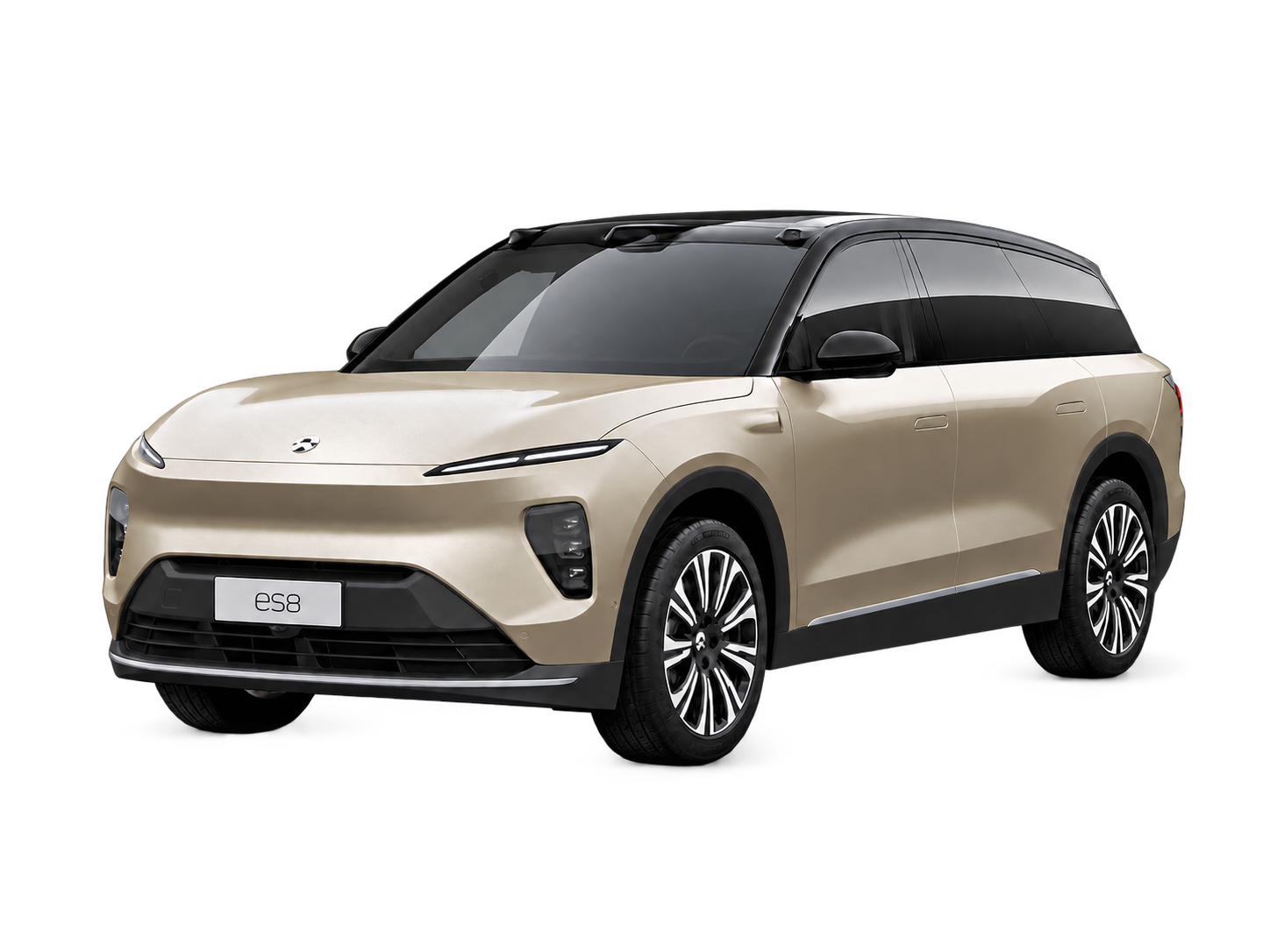 Gold second-generation NIO ES8 with a black roof, viewed from the front and side